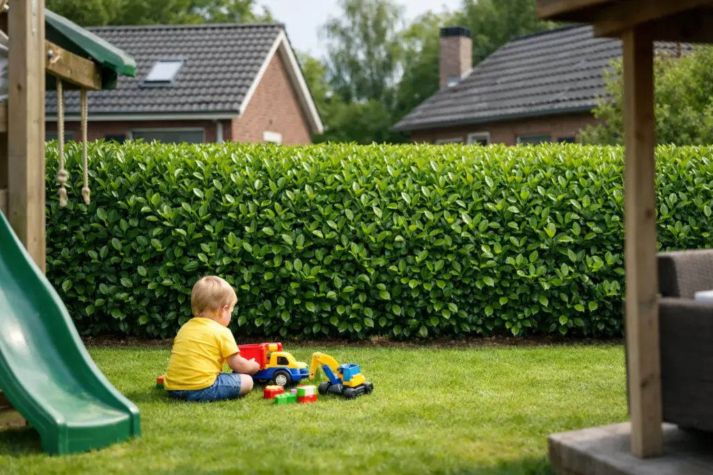 Strak geschoren laurierhaag langs een tuin met gazon en speeltoestel